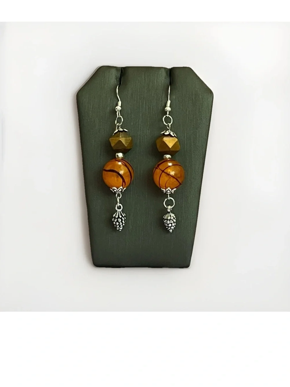Autumn Fall Halloween Harvest Drop Earrings Orange Striped Bead Silver Tone